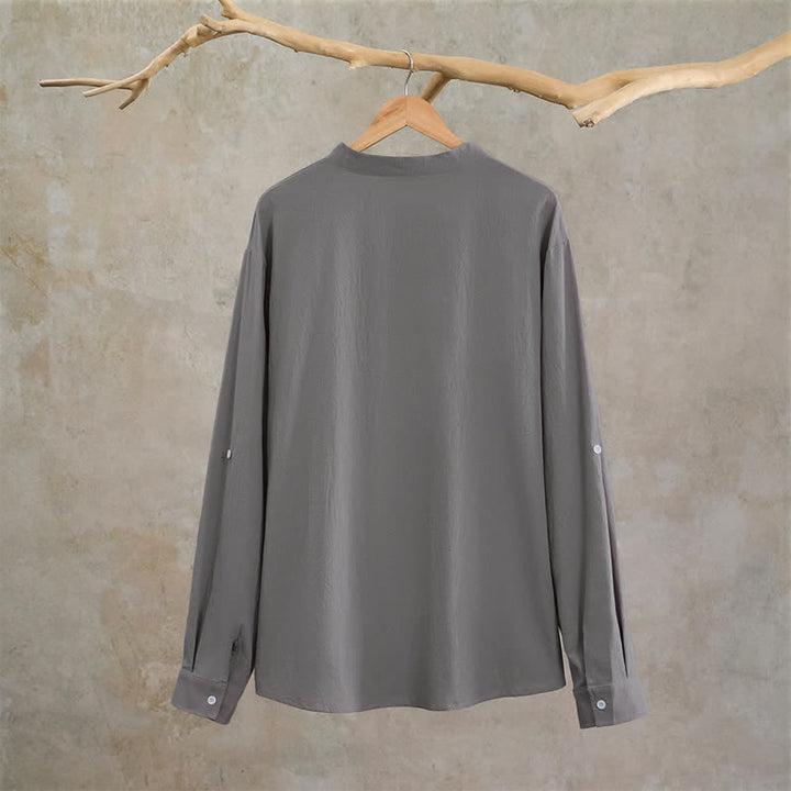Buddha Stones Spring Fall Casual Tang Style Mandarin Collar Solid Men's Long Sleeve Shirts With Patch Pocket - image 23