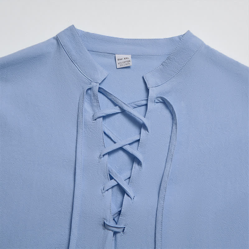 Buddha Stones Spring Fall Casual Tang Style Drawstring Solid Cotton Linen Men's Long Sleeve Shirts - image 17