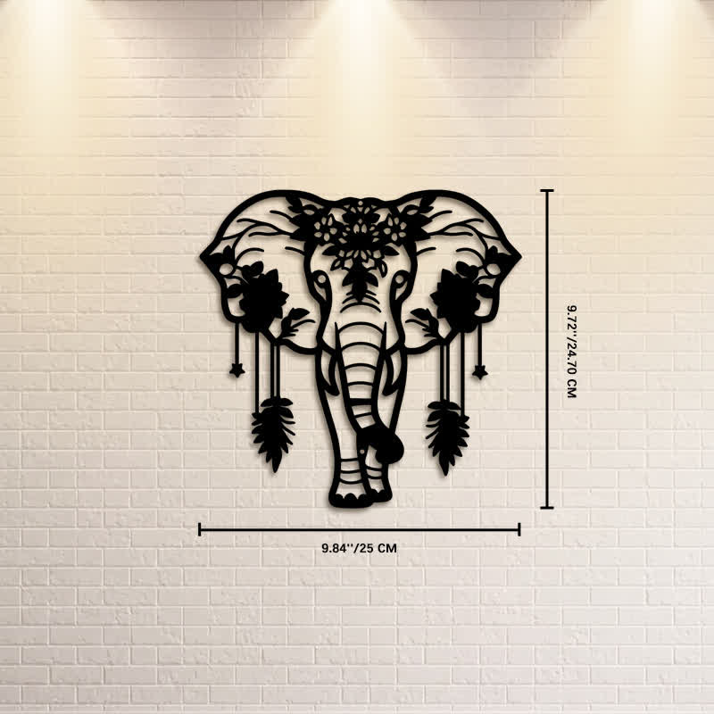 Buddha Stones Lucky Elephant Feather Flower Pattern Iron Metal Wall Decor - Approx. 25cm x 24.70cm x 0.1cm / 9.84in x 9.72in x 0.04in - image 2