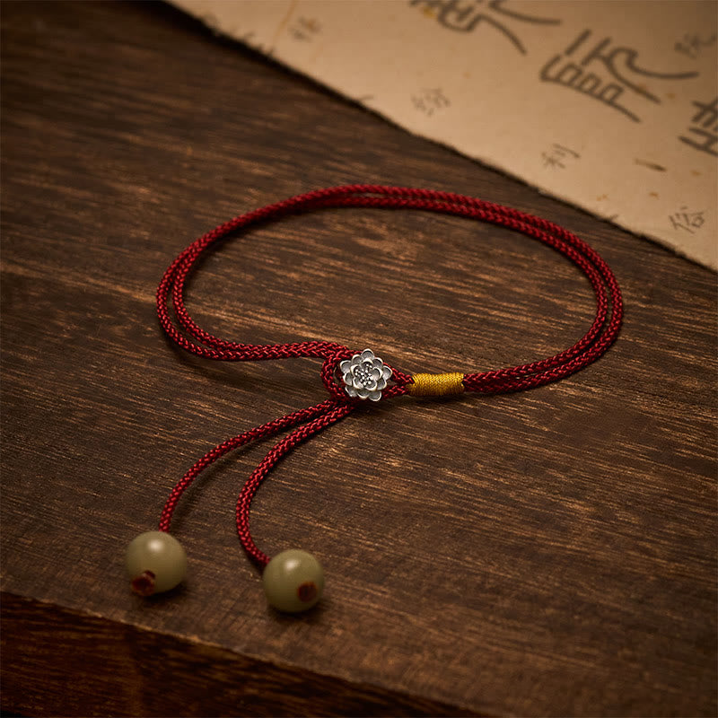 Buddha Stones 925 Sterling Silver Lotus Purity Vintage Braided Red String Bracelet - Lotus (Wrist Circumference: 5.5–7.1 in/14–18 cm) - image 0