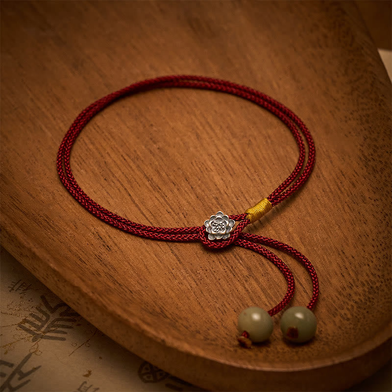 Buddha Stones 925 Sterling Silver Lotus Purity Vintage Braided Red String Bracelet - image 1