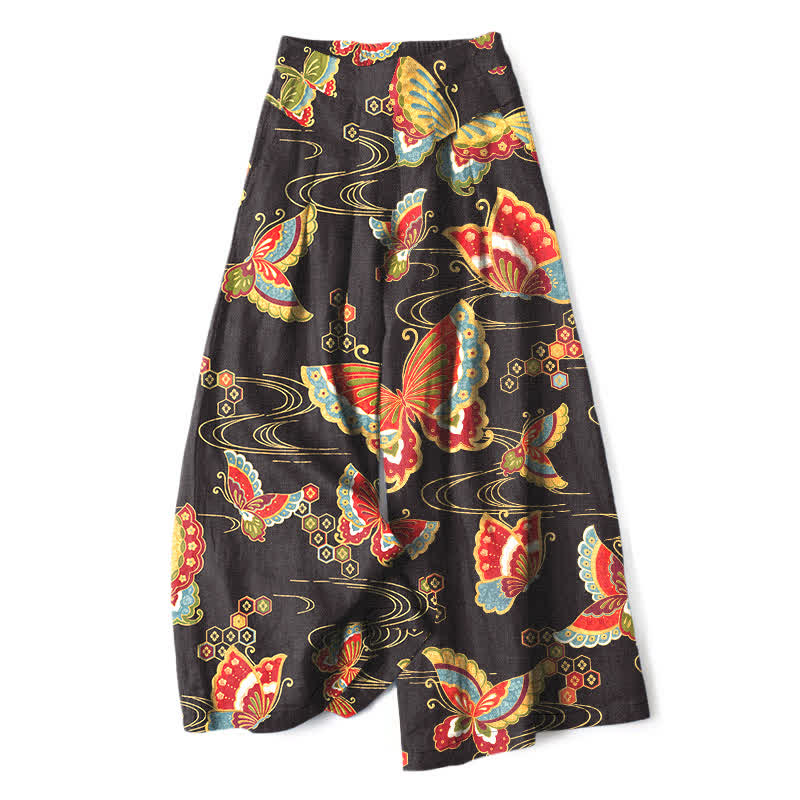 Buddha Stones Cotton Linen Colorful Butterfly Pattern Women's Elastic Waist Wide Leg Pants With Pockets - Black - US16，UK/AU20，EU48 (3XL) - image 0