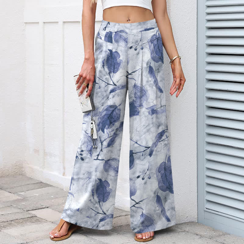 Buddha Stones Cotton Linen Botanical Leaf Pattern Women's Elastic Waist Wide Leg Pants With Pockets - image 7