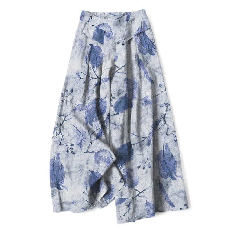 Buddha Stones Cotton Linen Botanical Leaf Pattern Women's Elastic Waist Wide Leg Pants With Pockets - LightSteelBlue - US16，UK/AU20，EU48 (3XL) - image 6