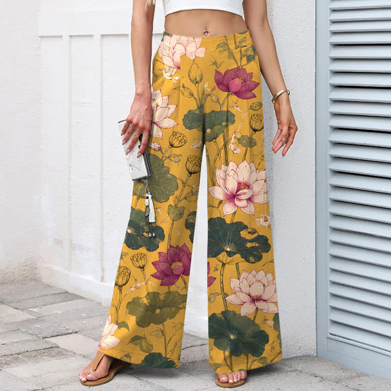 Buddha Stones Cotton Linen Tropical Lotus Bloom Pattern Women's Elastic Waist Wide Leg Pants With Pockets - image 1
