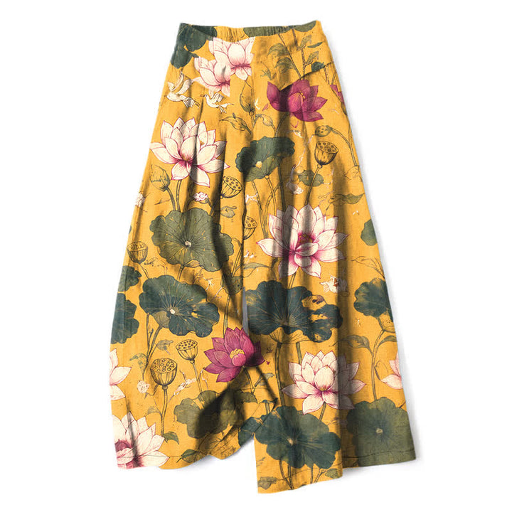 Buddha Stones Cotton Linen Tropical Lotus Bloom Pattern Women's Elastic Waist Wide Leg Pants With Pockets - Goldenrod - US16，UK/AU20，EU48 (3XL) - image 0