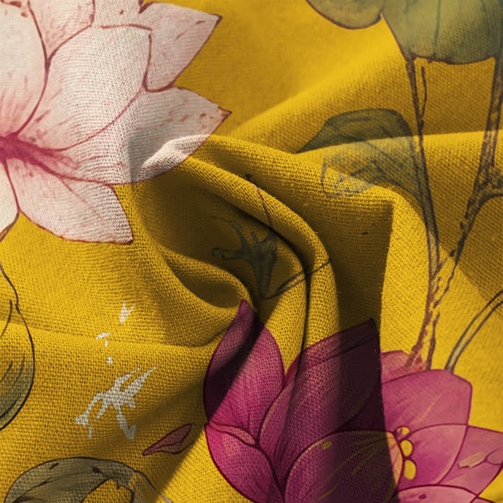 Buddha Stones Cotton Linen Tropical Lotus Bloom Pattern Women's Elastic Waist Wide Leg Pants With Pockets - image 3