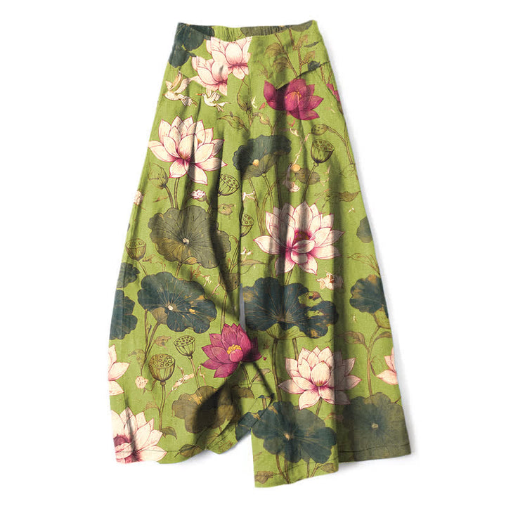Buddha Stones Cotton Linen Tropical Lotus Bloom Pattern Women's Elastic Waist Wide Leg Pants With Pockets - YellowGreen - US16，UK/AU20，EU48 (3XL) - image 4