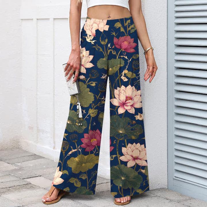 Buddha Stones Cotton Linen Tropical Lotus Bloom Pattern Women's Elastic Waist Wide Leg Pants With Pockets - image 7