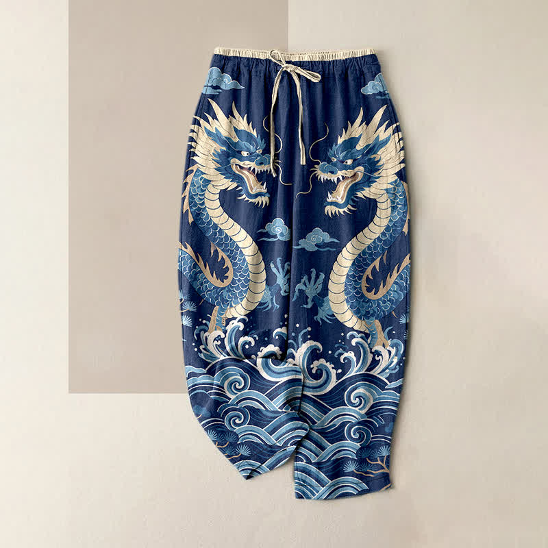 Buddha Stones Pure Cotton Twin Dragon Wave Pattern Women's Elastic Waist Pants With Pockets - Navy - US16，UK/AU20，EU48 (3XL) - image 0