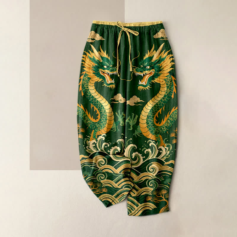 Buddha Stones Pure Cotton Twin Dragon Wave Pattern Women's Elastic Waist Pants With Pockets - ForestGreen - US16，UK/AU20，EU48 (3XL) - image 4