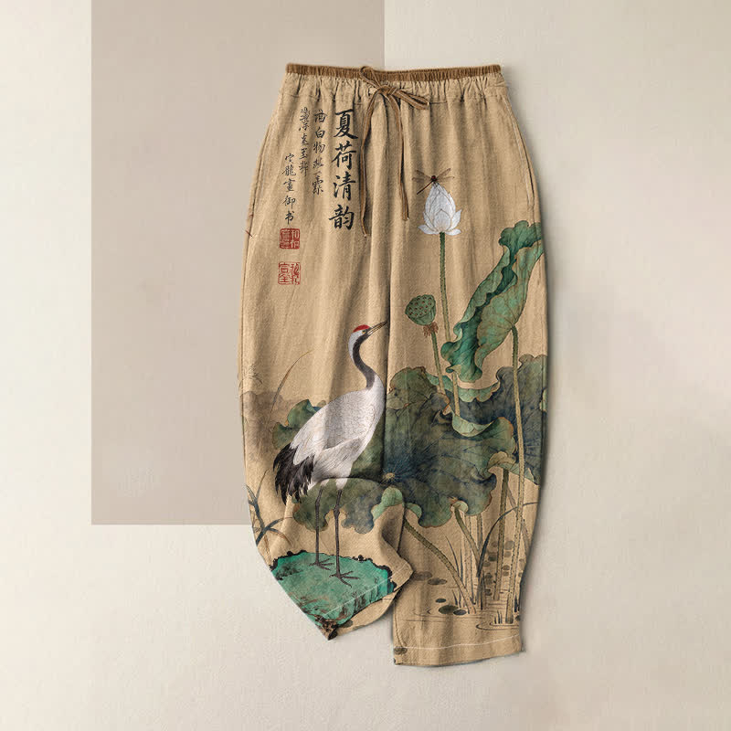 Buddha Stones Pure Cotton Crane Lotus Ink Pattern Women's Elastic Waist Pants With Pockets - BurlyWood - US16，UK/AU20，EU48 (3XL) - image 0
