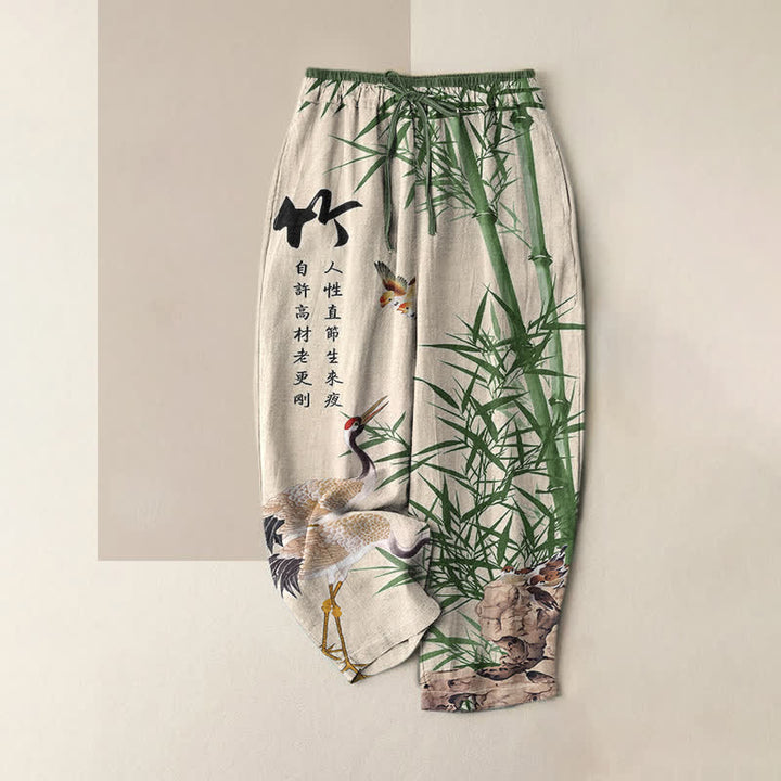 Buddha Stones Pure Cotton Artistic Bamboo Crane Pattern Women's Elastic Waist Pants With Pockets - AntiqueWhite - US16，UK/AU20，EU48 (3XL) - image 0