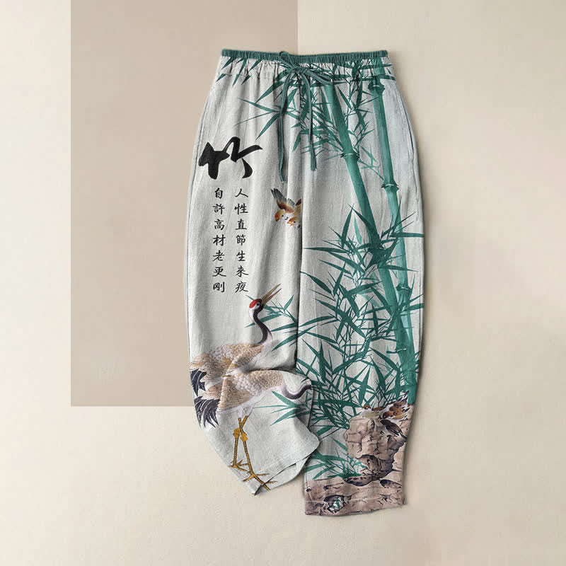 Buddha Stones Pure Cotton Artistic Bamboo Crane Pattern Women's Elastic Waist Pants With Pockets - PowderBlue - US16，UK/AU20，EU48 (3XL) - image 3