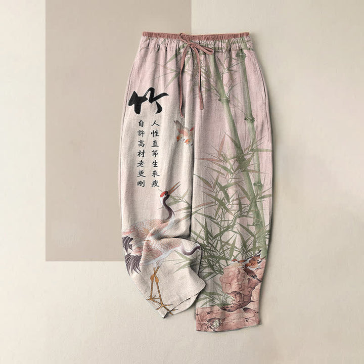 Buddha Stones Pure Cotton Artistic Bamboo Crane Pattern Women's Elastic Waist Pants With Pockets - LavenderBlush - US16，UK/AU20，EU48 (3XL) - image 4