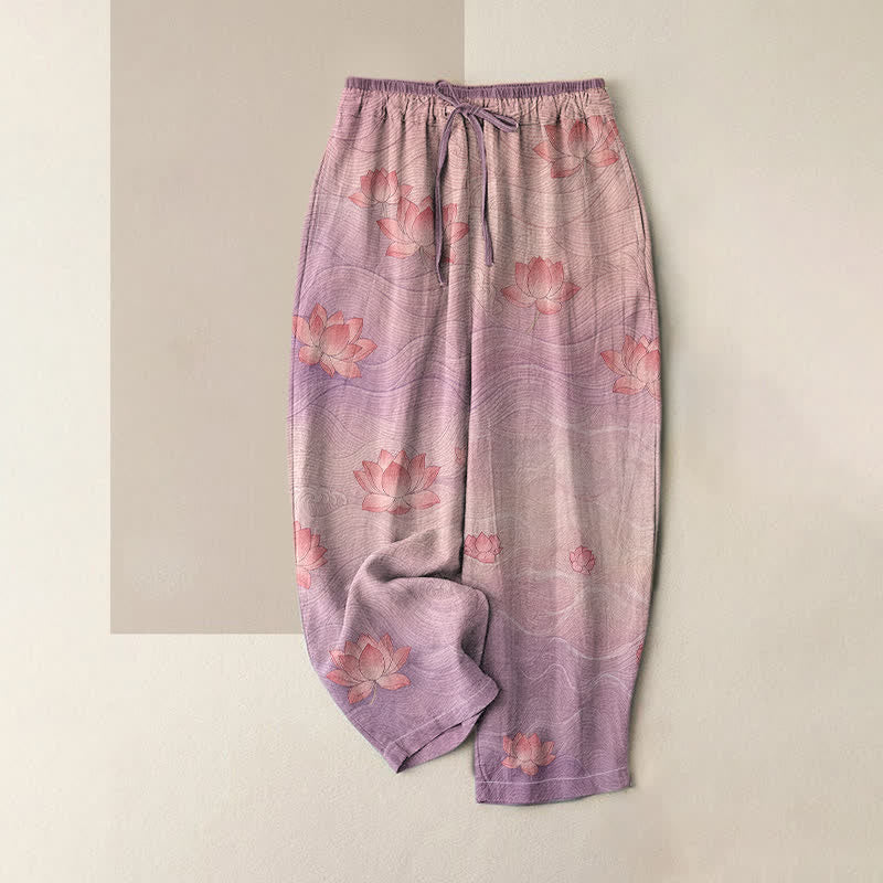 Buddha Stones Pure Cotton Dreamy Gradient Lotus Pattern Women's Elastic Waist Pants With Pockets - Orchid - US16，UK/AU20，EU48 (3XL) - image 3
