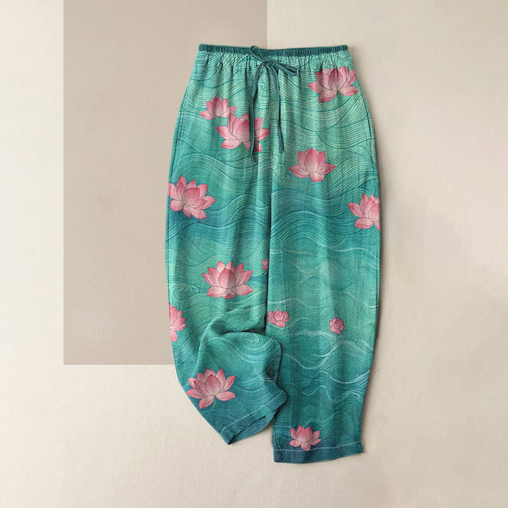 Buddha Stones Pure Cotton Dreamy Gradient Lotus Pattern Women's Elastic Waist Pants With Pockets - Teal - US16，UK/AU20，EU48 (3XL) - image 4
