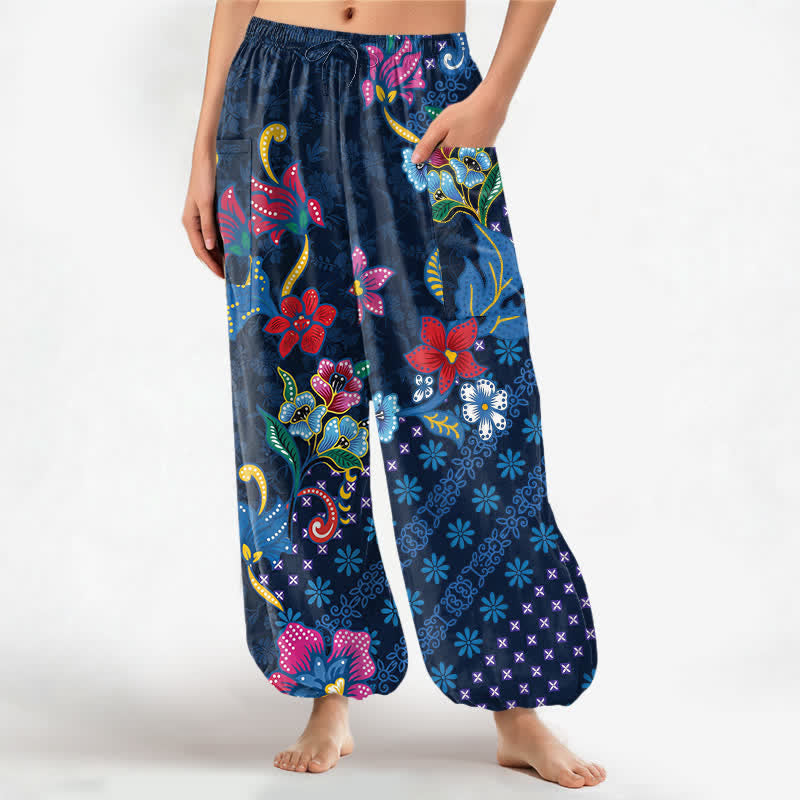 Buddha Stones Cotton Ethnic Bloom Geometric Pattern Women's Elastic Waist Harem Pants With Side Pockets - Navy - US16，UK/AU20，EU48 (3XL) - image 0