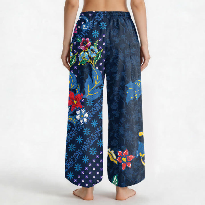 Buddha Stones Cotton Ethnic Bloom Geometric Pattern Women's Elastic Waist Harem Pants With Side Pockets - image 2