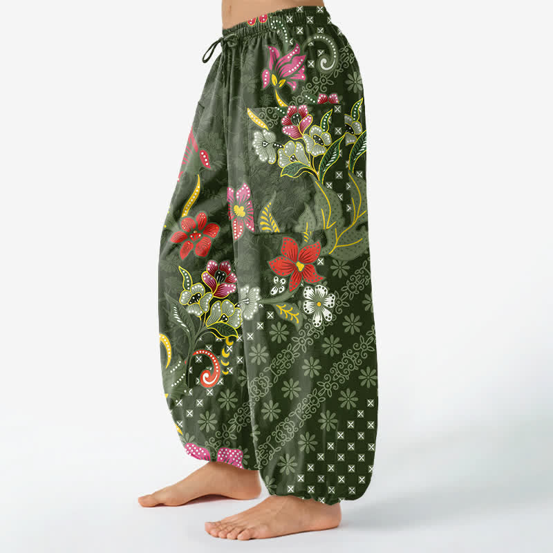 Buddha Stones Cotton Ethnic Bloom Geometric Pattern Women's Elastic Waist Harem Pants With Side Pockets - image 8