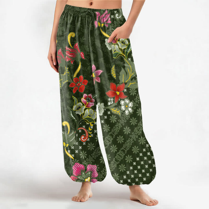 Buddha Stones Cotton Ethnic Bloom Geometric Pattern Women's Elastic Waist Harem Pants With Side Pockets - DarkOliveGreen - US16，UK/AU20，EU48 (3XL) - image 7