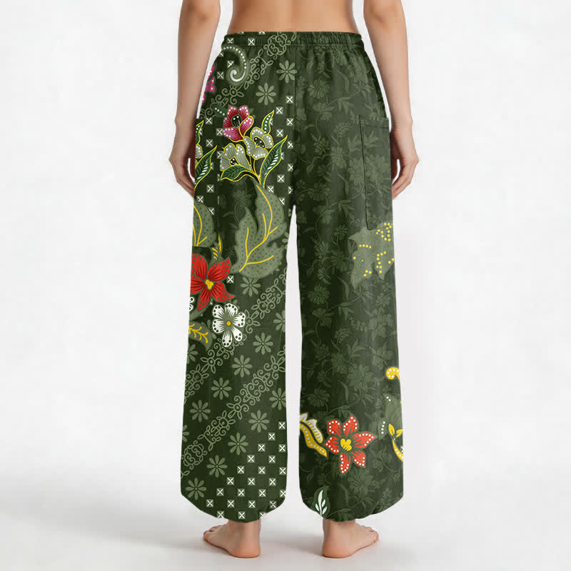 Buddha Stones Cotton Ethnic Bloom Geometric Pattern Women's Elastic Waist Harem Pants With Side Pockets - image 9