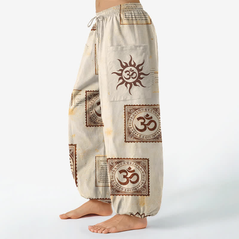 Buddha Stones Cotton Vintage Om Sun Pattern Women's Elastic Waist Harem Pants With Side Pockets - image 1