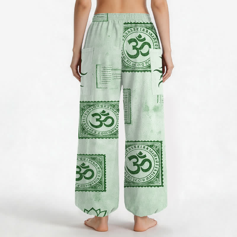 Buddha Stones Cotton Vintage Om Sun Pattern Women's Elastic Waist Harem Pants With Side Pockets - image 12