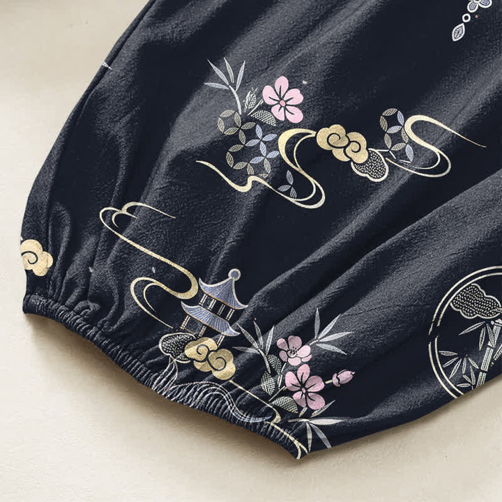 Buddha Stones Cotton Koi Fish Bamboo Cloud Pattern Women's Elastic Waist Harem Pants With Side Pockets - image 6