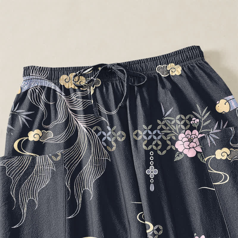 Buddha Stones Cotton Koi Fish Bamboo Cloud Pattern Women's Elastic Waist Harem Pants With Side Pockets - image 5