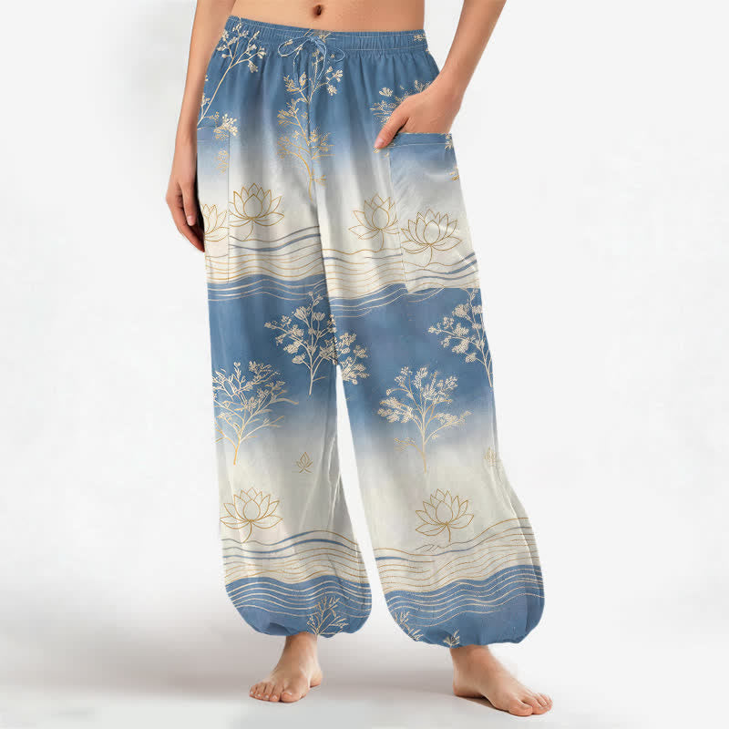 Buddha Stones Cotton Lotus Wave Pattern Women's Elastic Waist Harem Pants With Side Pockets - CornflowerBlue - US16，UK/AU20，EU48 (3XL) - image 0