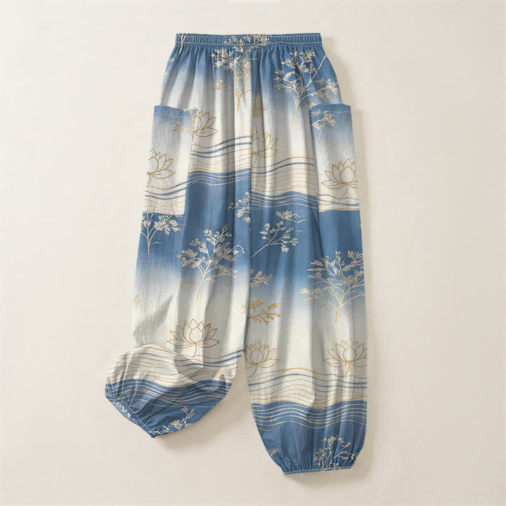 Buddha Stones Cotton Lotus Wave Pattern Women's Elastic Waist Harem Pants With Side Pockets - image 4