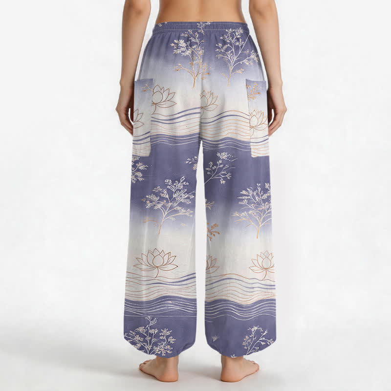 Buddha Stones Cotton Lotus Wave Pattern Women's Elastic Waist Harem Pants With Side Pockets - image 9