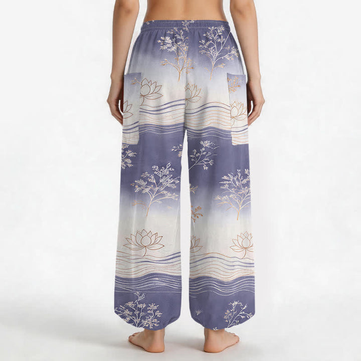 Buddha Stones Cotton Lotus Wave Pattern Women's Elastic Waist Harem Pants With Side Pockets - image 9