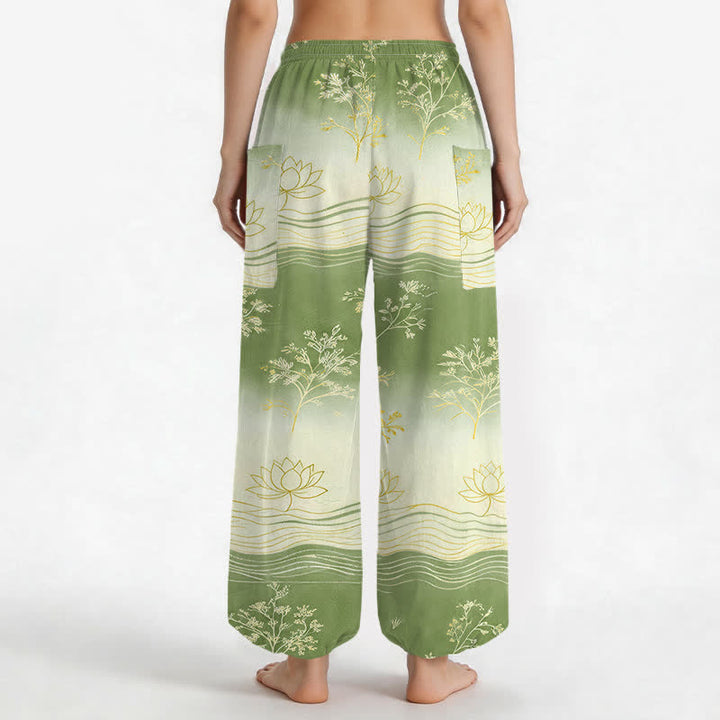 Buddha Stones Cotton Lotus Wave Pattern Women's Elastic Waist Harem Pants With Side Pockets - image 12