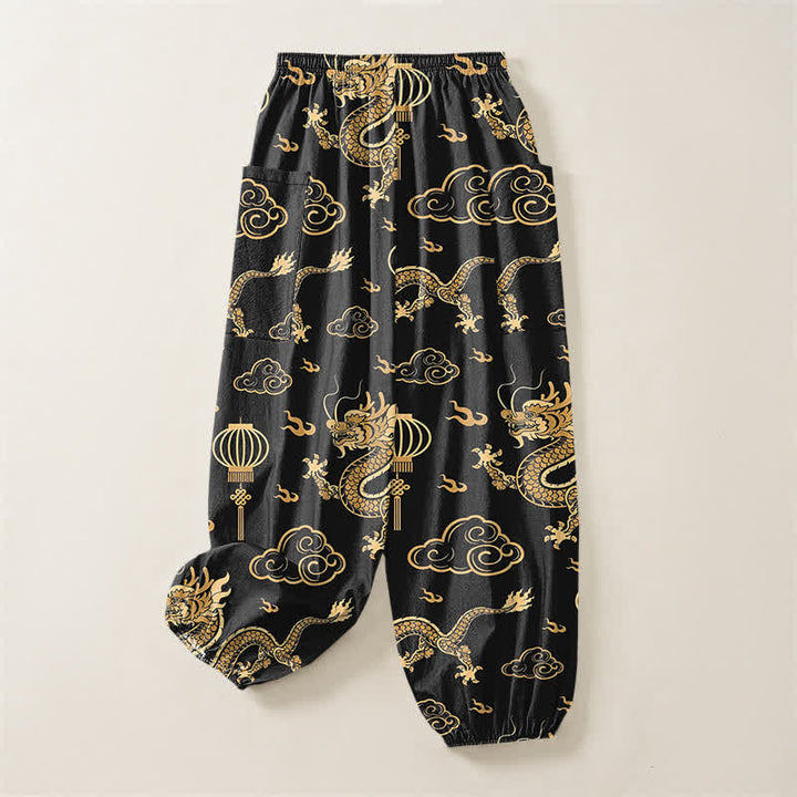 Buddha Stones Cotton Golden Dragon Lantern Pattern Women's Elastic Waist Harem Pants With Side Pockets - image 4