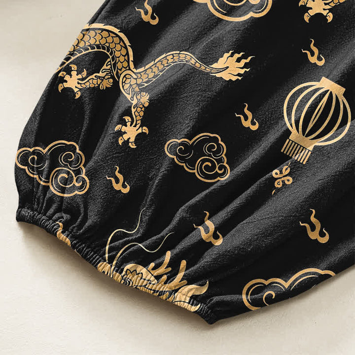 Buddha Stones Cotton Golden Dragon Lantern Pattern Women's Elastic Waist Harem Pants With Side Pockets - image 6