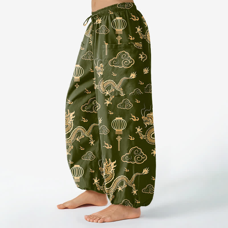Buddha Stones Cotton Golden Dragon Lantern Pattern Women's Elastic Waist Harem Pants With Side Pockets - image 11