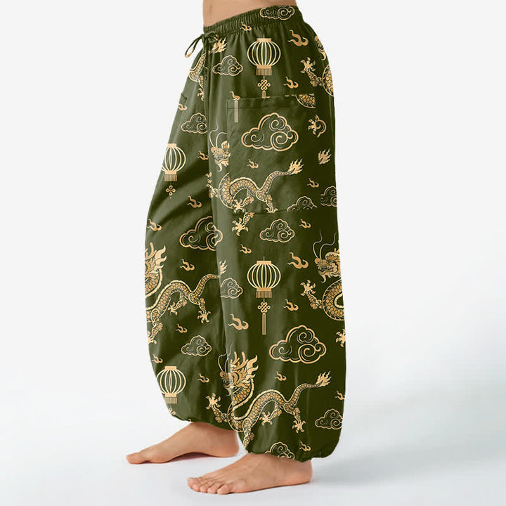 Buddha Stones Cotton Golden Dragon Lantern Pattern Women's Elastic Waist Harem Pants With Side Pockets - image 11