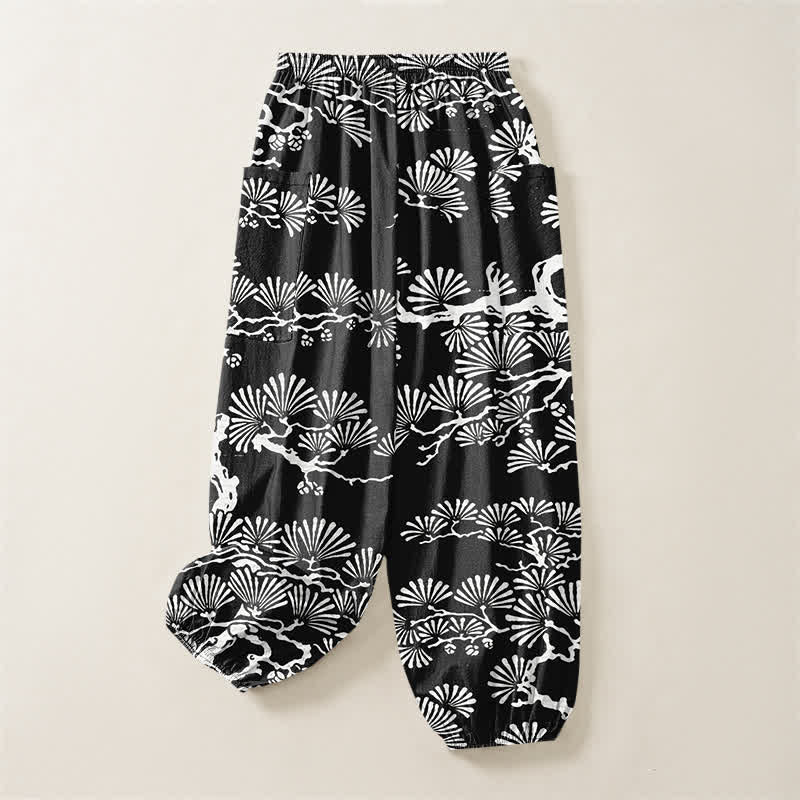 Buddha Stones Cotton Oriental Foliage Pattern Women's Elastic Waist Harem Pants With Side Pockets - image 4