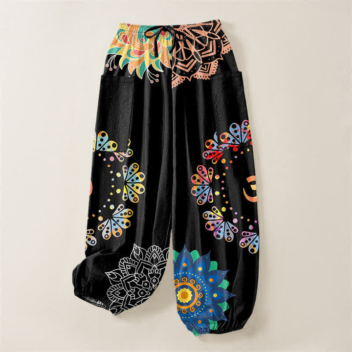 Buddha Stones Cotton Mandala Lotus OM Pattern Women's Elastic Waist Harem Pants With Side Pockets - image 3