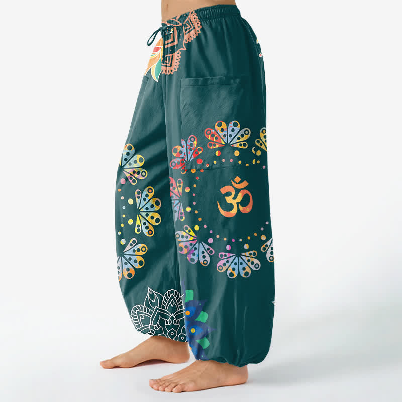 Buddha Stones Cotton Mandala Lotus OM Pattern Women's Elastic Waist Harem Pants With Side Pockets - image 11