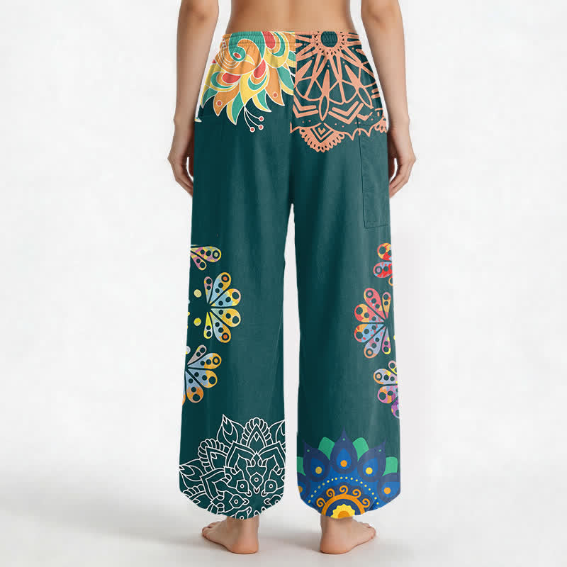 Buddha Stones Cotton Mandala Lotus OM Pattern Women's Elastic Waist Harem Pants With Side Pockets - image 12