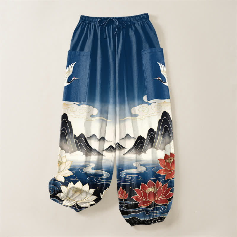 Buddha Stones Cotton Oriental Landscape Lotus Crane Pattern Women's Elastic Waist Harem Pants With Side Pockets - image 3