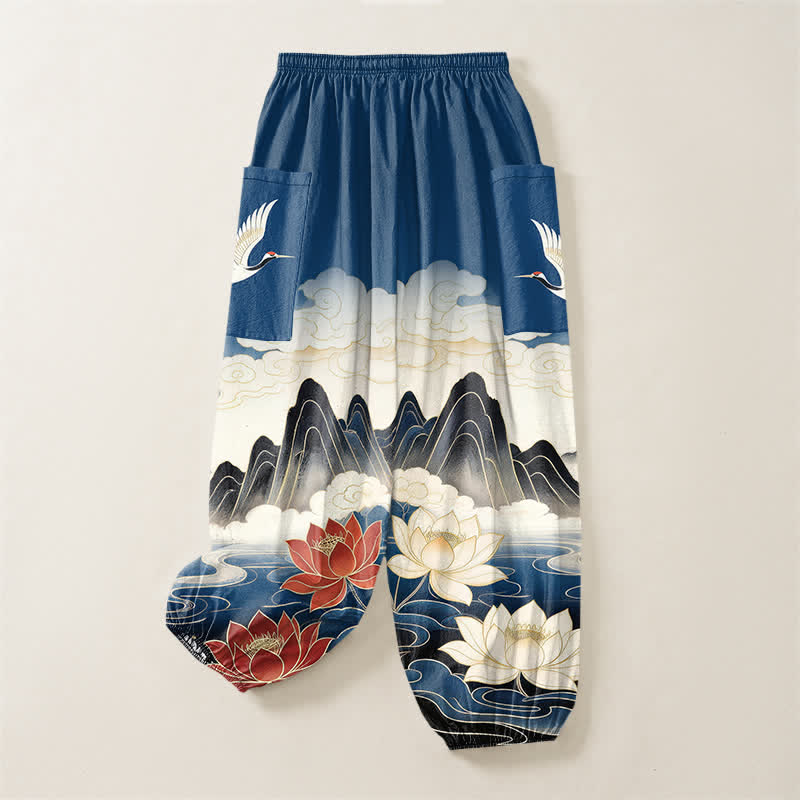 Buddha Stones Cotton Oriental Landscape Lotus Crane Pattern Women's Elastic Waist Harem Pants With Side Pockets - image 4