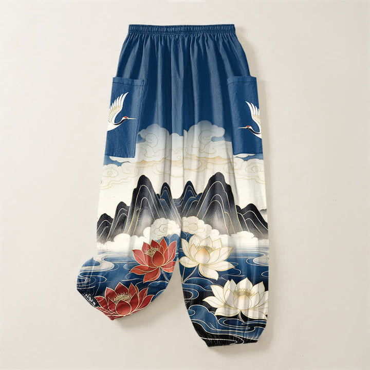 Buddha Stones Cotton Oriental Landscape Lotus Crane Pattern Women's Elastic Waist Harem Pants With Side Pockets - image 4