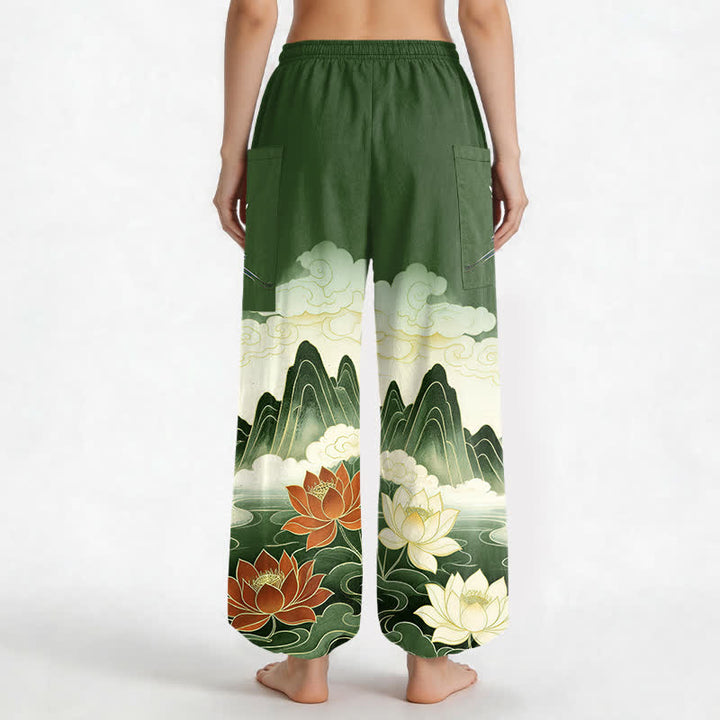 Buddha Stones Cotton Oriental Landscape Lotus Crane Pattern Women's Elastic Waist Harem Pants With Side Pockets - image 12