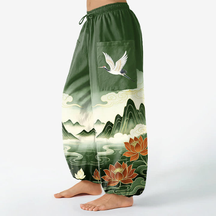 Buddha Stones Cotton Oriental Landscape Lotus Crane Pattern Women's Elastic Waist Harem Pants With Side Pockets - image 11