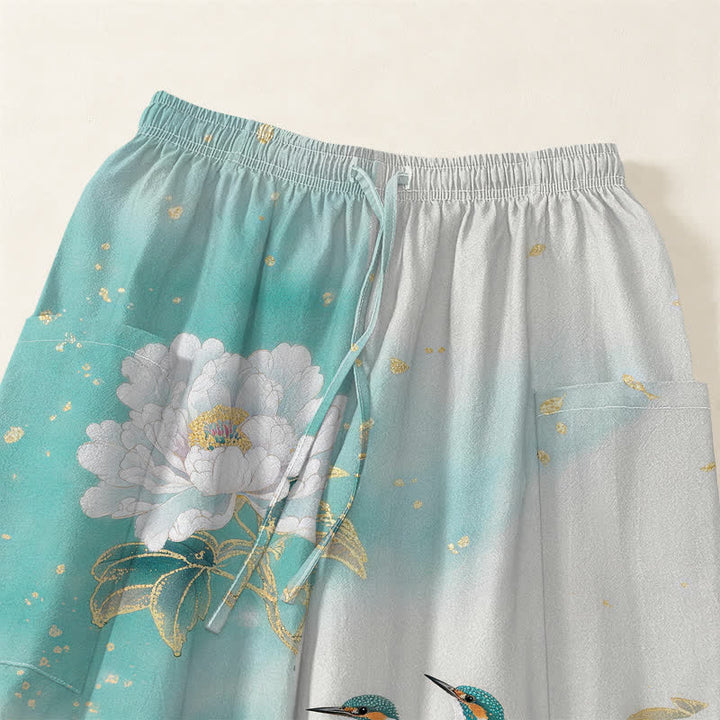 Buddha Stones Cotton Peony Bird Garden Pattern Women's Elastic Waist Harem Pants With Side Pockets - image 5