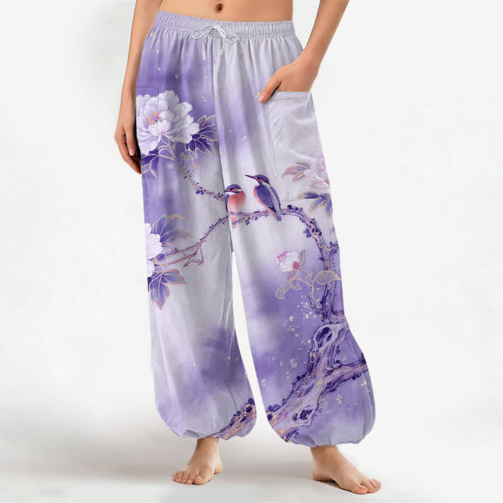 Buddha Stones Cotton Peony Bird Garden Pattern Women's Elastic Waist Harem Pants With Side Pockets - MediumPurple - US16，UK/AU20，EU48 (3XL) - image 10